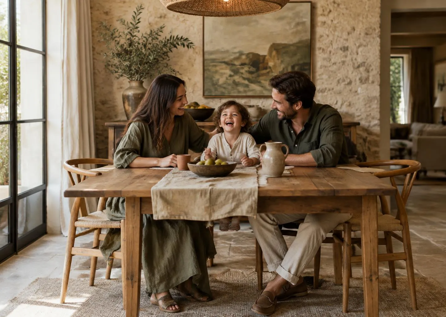 Família rindo junta à mesa de jantar.